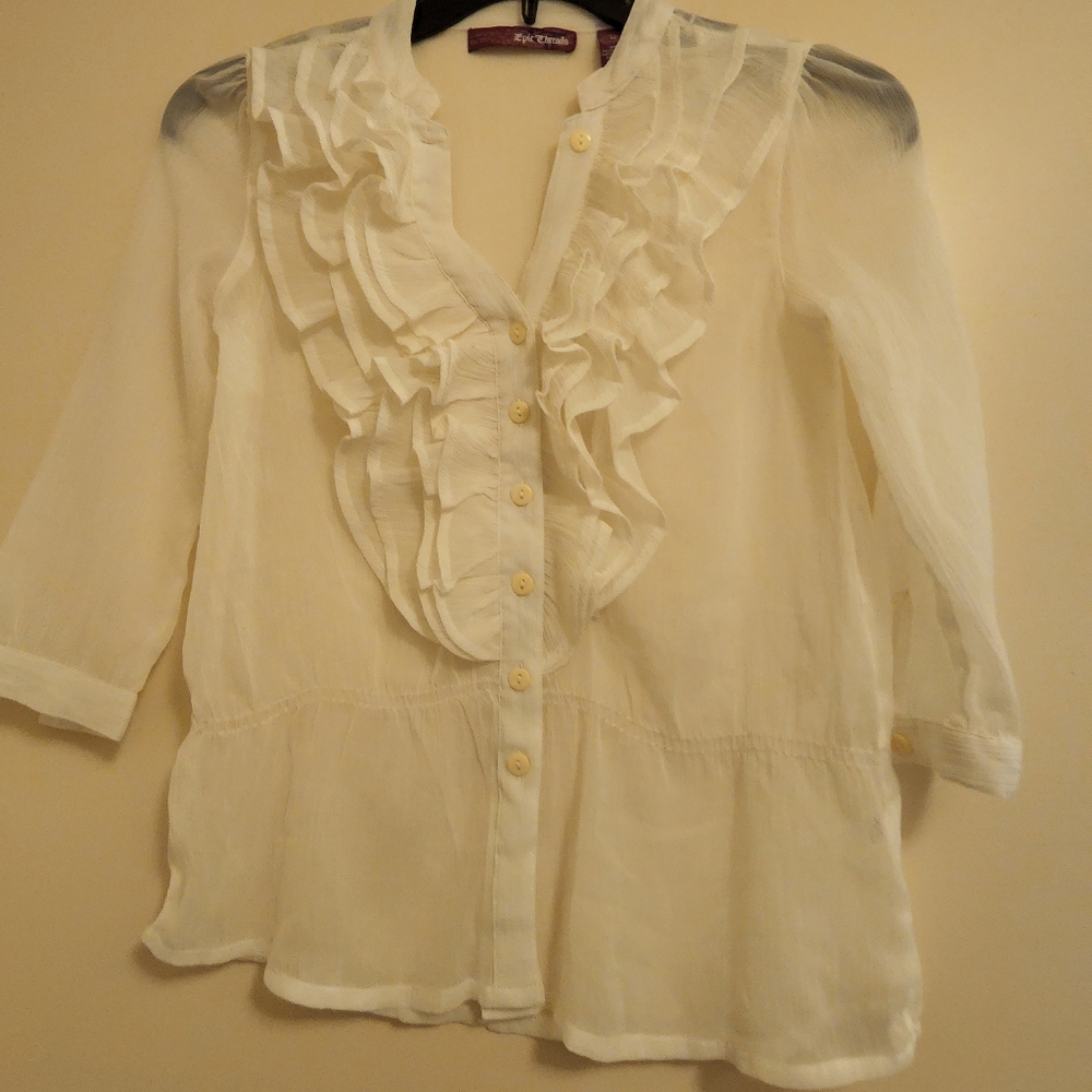 Sheer dainty ruffled off-white blouse